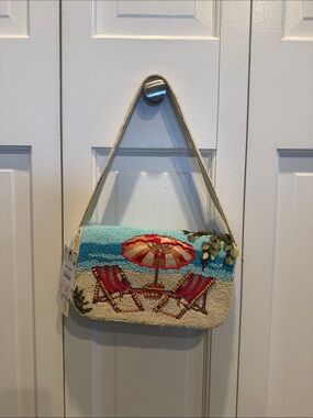 Hand Crafted Beaded Beach Scene Shoulder Bag - Turquoise, Red, Beige